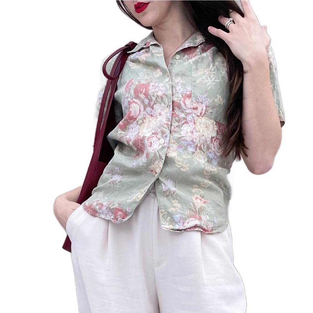 Lauren Ralph Lauren Linen Green Floral Toile Print Short Sleeve Button Shirt S
